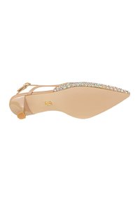 Nudefarbene, spitze Schuhe mit einem transparenten Riemen, verziert mit einem mit Kristallen besetzten Rand und einem schlanken, stabilen Absatz.