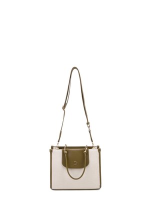 Sac à main rectangulaire beige et olive avec deux poignées et une longue bandoulière réglable, avec un petit logo « D » sur le rabat avant.