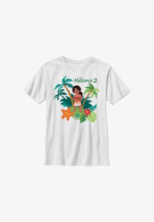 Hvid T-shirt med en tegneserie af Moana, der står ved palmer, tropiske planter, en søstjerne og teksten Disney Moana 2.