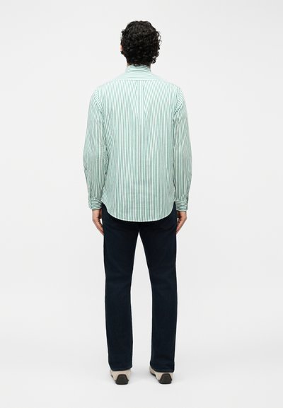 Άνδρας με σγουρά μαλλιά που φοράει πράσινο και λευκό ριγωτό μακρυμάνικο πουκάμισο, σκούρο παντελόνι και ανοιχτόχρωμα παπούτσια, στεκόμενος με την πλάτη προς την κάμερα.