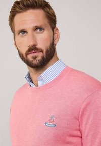 Maglione rosa chiaro con scollatura a girocollo, orlo a costine e un colletto a righe blu e bianche sottostante. Include un dettaglio del logo ricamato.