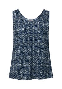 Haut sans manches en tissu bleu foncé présentant un motif floral géométrique en blanc et jaune. Encolure ronde, coupe ample. Texture douce.