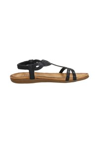 Black flat sandal with beaded straps, elastic ankle band, and tan cushioned sole, designed for casual wear.
