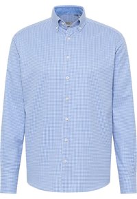 Modrá a bílá kostkovaná košile s dlouhým rukávem, límečkem na knoflíky a bílými knoflíky, s hladkou bavlněnou texturou a na míru šitým střihem.