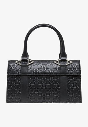 Black leather handbag featuring an embossed diamond pattern, structured shape, dual top handles, and metallic accents on the closure.