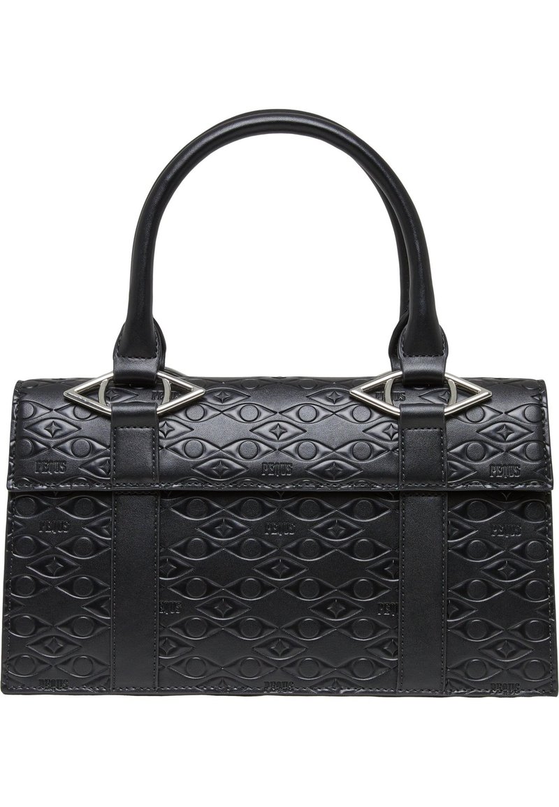 Schwarze Lederhandtasche mit einem geprägten Diamantmuster, strukturierter Form, doppelten oberen Griffen und metallischen Akzenten am Verschluss.