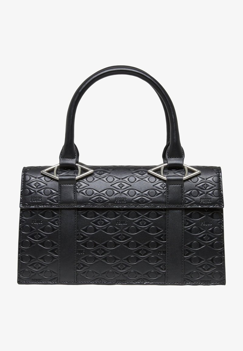 Sac à main en cuir noir avec un motif en diamant gaufré, forme structurée, poignées supérieures doubles et accents métalliques sur la fermeture.