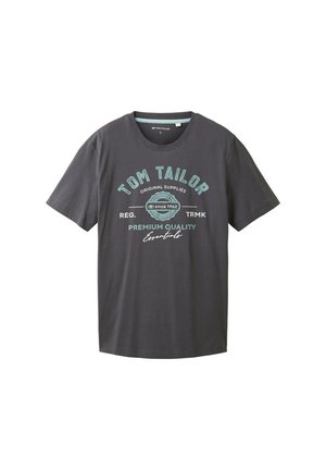 Grijze katoenen t-shirt met ronde hals; voorzien van turquoise zeefdruk tekst en logo; korte mouwen, rechte zoom en een ontspannen pasvorm.