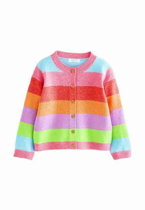 Barnets cardigan med lange ærmer og knapper med brede, vandrette striber i blå, pink, rød, orange, lilla og grøn på hvid baggrund.