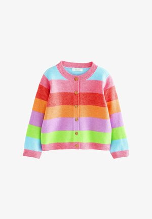 Cárdigan infantil de manga larga con botones y rayas horizontales anchas en azul, rosa, rojo, naranja, morado y verde sobre fondo blanco.
