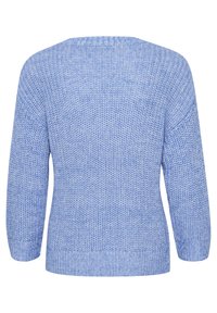 Light blue knitted sweater with a textured finish, featuring a round neck and three-quarter length sleeves. Ribbed hem and cuffs.