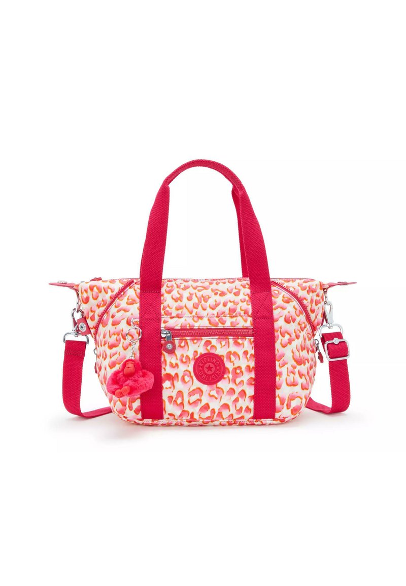 Rosafärgad och orange leopardmönstrad väska med röda handtag, justerbar axelrem, frontficka med dragkedja och en fluffig apa som nyckelring.