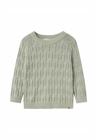 Maglione a maglia verde chiaro con motivo a nido d'ape, scollatura ampia e polsini e orlo a coste. Presenta un piccolo etichetta con il logo in fondo.