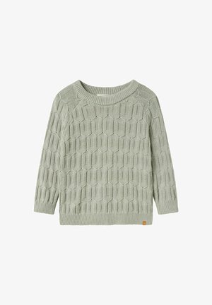 Pull en tricot vert clair avec un motif en nid d'abeille, décolleté large et bords côtelés. Présente une petite étiquette logo en bas.