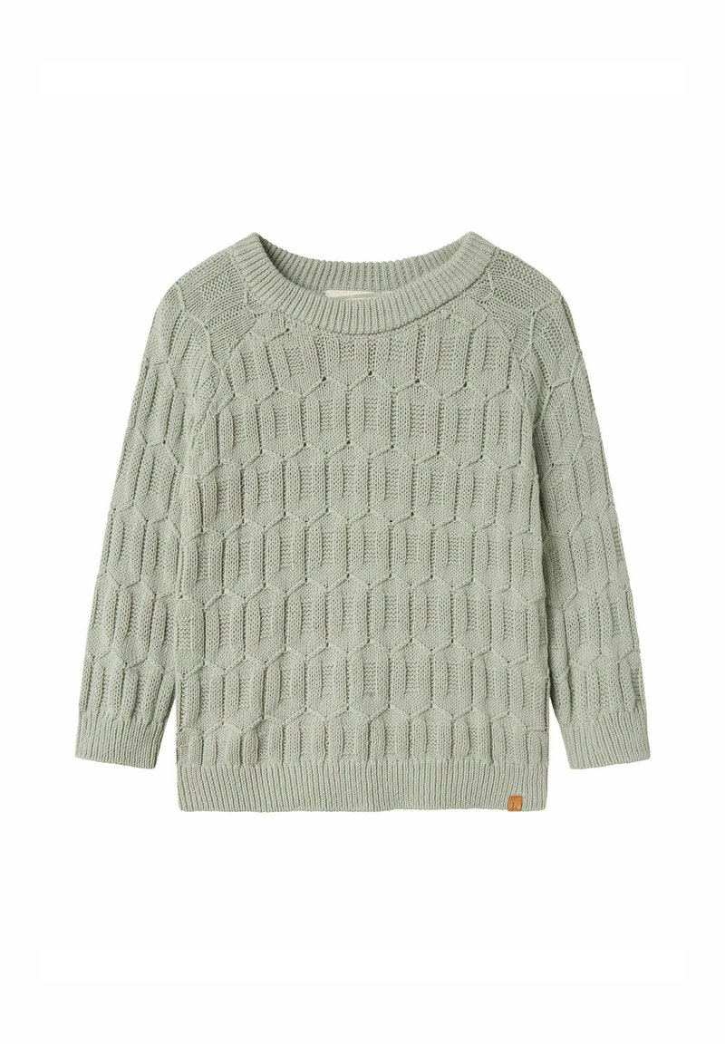 Maglione a maglia verde chiaro con motivo a nido d'ape, scollatura ampia e polsini e orlo a coste. Presenta un piccolo etichetta con il logo in fondo.