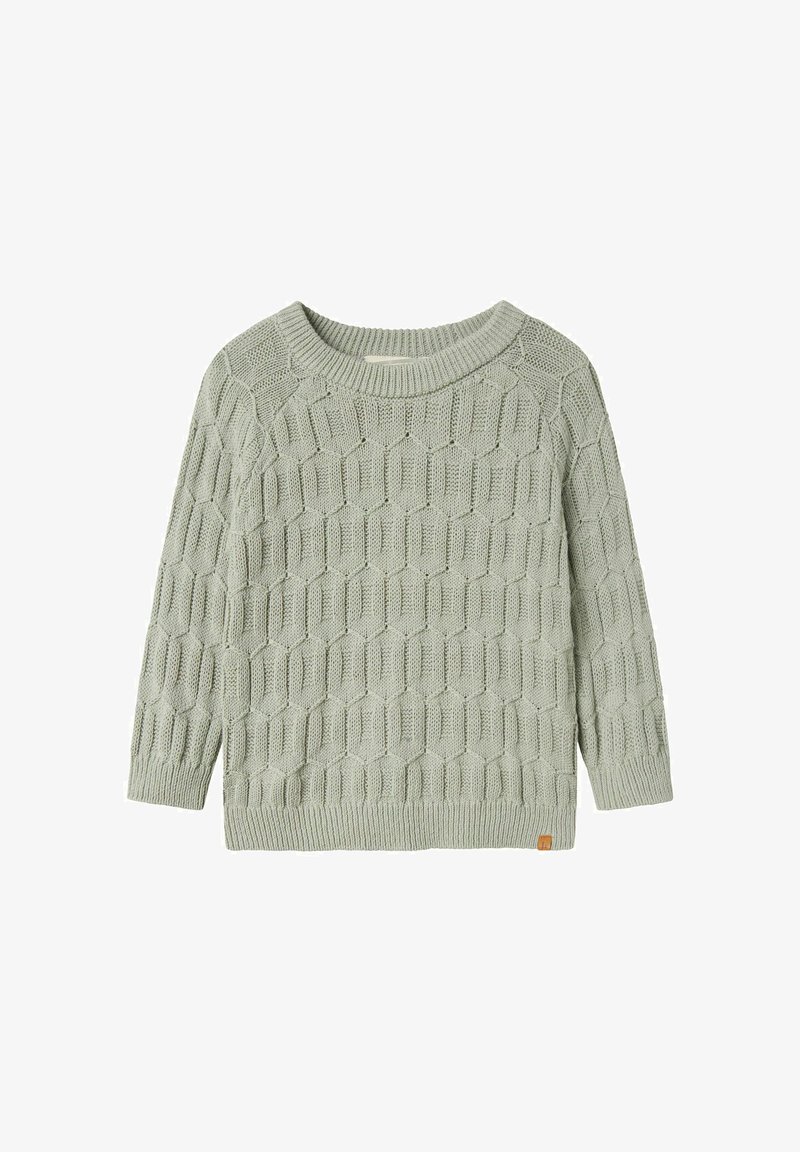 Hellgrüner Strickpullover mit einem Wabenmuster, weitem Ausschnitt sowie gerippten Bündchen und Saum. Verfügt über ein kleines Logo-Täfelchen am unteren Rand.