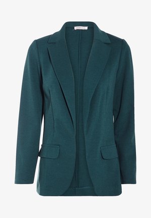 Blazer vert foncé ajusté avec revers en encoche, manches longues et poches à rabat, présenté sur fond blanc.