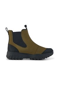 Ankelhöga Chelsea-boots i olivgrön och svart, med en strukturerad gummisula, elastiska sidopaneler och dragflikar för enkel på- och avtagning.