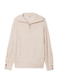 Maglione beige a maglia con colletto a mezza zip caratterizzato da un tirante rotondo, maniche lunghe, polsini a costine con due bottoni metallici e orlo a costine.