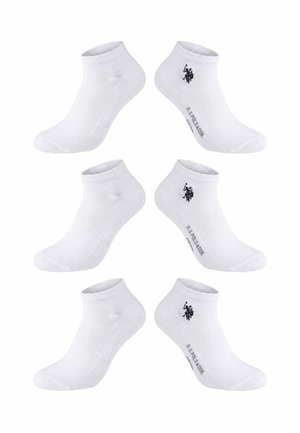 Sechs Paar weiße Knöchelsocken mit U.S. Polo Assn.-Logo und Schriftzug an der Seite, in drei Reihen auf weißem Hintergrund angeordnet.