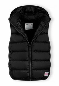 Černá prošívaná vesta bez rukávů s kapucí a předním zipem, označená "minoti" pro děti ve věku 5-6 let.