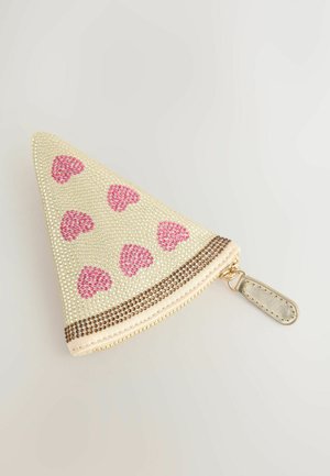 Torebka w kształcie stożka wykonana z beżowego materiału, ozdobiona różowymi kryształkami w kształcie serc oraz brązową lamówką. Posiada złoty zamek błyskawiczny.