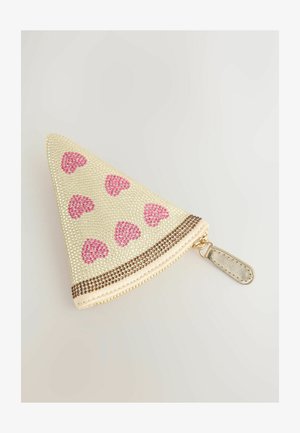 Torebka w kształcie stożka wykonana z beżowego materiału, ozdobiona różowymi kryształkami w kształcie serc oraz brązową lamówką. Posiada złoty zamek błyskawiczny.