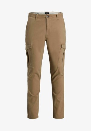 Béžové cargo nohavice vyrobené z bavlneného zmesi, s bočnými vreckami, zapínaním na gombík a so zúženým strihom s hladkou textúrou.