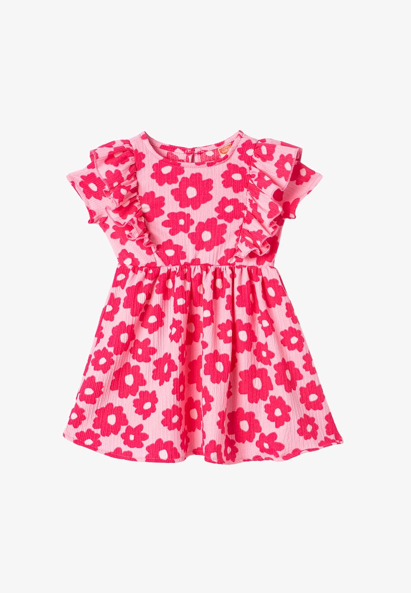 Vaaleanpunainen kukkamekko, jossa on röyhelöiset lyhyet hihat. Mekossa on tekstuuri, ja siinä on rohkeita tummanpunaisia kukkia vaaleamman vaaleanpunaisen taustan päällä.