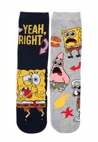 Socks featuring a navy design with "Yeah, Right" text and characters from a cartoon, paired with a gray design of additional cartoon characters.
