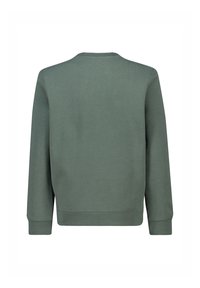 Sudadera de algodón verde con mangas largas, cuello redondo y corte recto. Presenta puños y dobladillo acanalados. Textura suave, diseño liso.