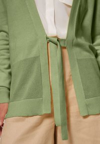 Lichtgroene cardigan met een striksluiting aan de voorkant, textuurgebreide zakken, geribbelde manchetten en een rechte zoom, gecombineerd met een lichtblouse en beige broeken.