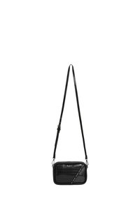 Schwarze Kunstleder-Crossbody-Tasche mit Krokodilstruktur, rechteckiger Form, mit Reißverschluss versehenem Frontfach und verstellbarem Tragegurt.