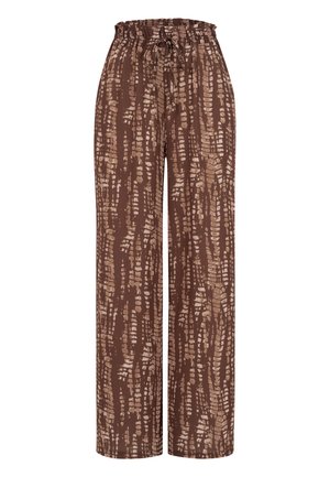 Pantalones anchos marrones con un patrón vertical abstracto beige, cintura alta elástica y cordón delantero.