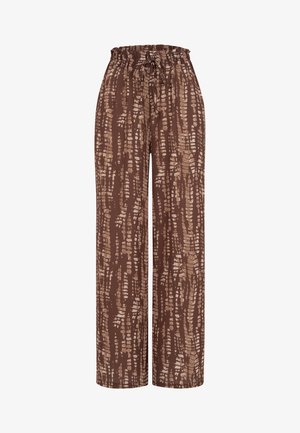 Pantaloni marroni a gamba larga con motivo verticale astratto beige, vita alta elastica e coulisse frontale.