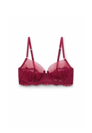 Burgundy lace bra featuring sheer cups, scalloped lace trim, and adjustable straps. Includes a center detail for added design.
