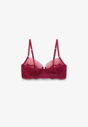 Burgunderfarbener Spitzen-BH mit transparenten Cups, gewelltem Spitzenbesatz und verstellbaren Trägern. Mit einem zentralen Detail für zusätzlichen Designakzent.