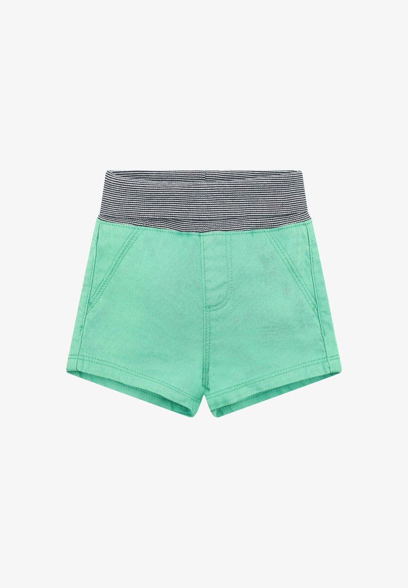 Zelené bavlněné šortky s pruhovaným elastickým pasem, se dvěma předními kapsami a hladkým povrchem.