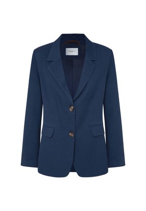Marineblauwe blazer van gestructureerde stof, met een notch-lapel, sluiting met twee knopen en voorzakken met klep.