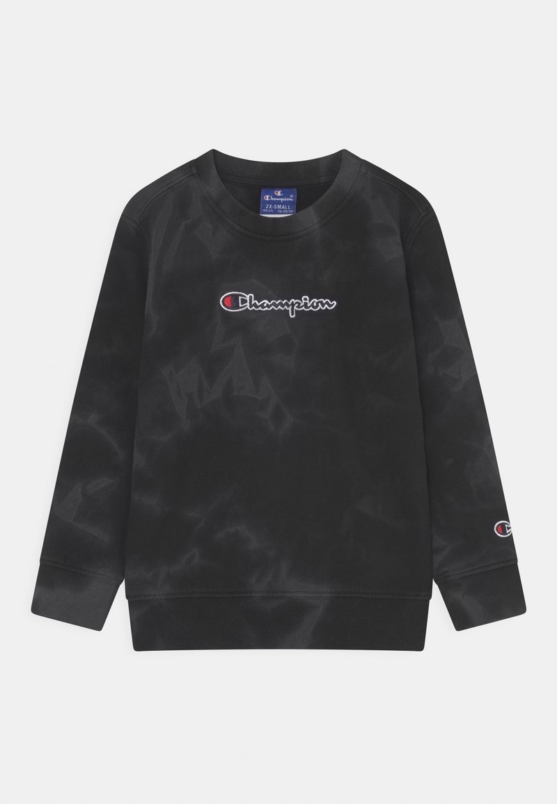 Sweatshirt Champion noir avec motif tie-dye, manches longues, logo sur la poitrine et plus petit logo sur le poignet gauche, taille 2X-small.