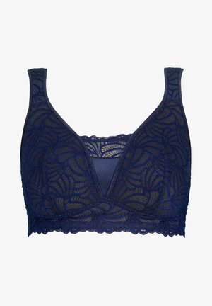 Bralette en dentelle bleu marine avec décolleté en V, bretelles larges, bords festonnés et motifs de feuilles complexes pour un look texturé.
