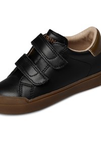 Czarne skórzane buty z dwiema regulowanymi rzepami, zaokrąglony czubek, brązowe wykończenie wewnętrzne oraz gumowa podeszwa z teksturowanym gripem.