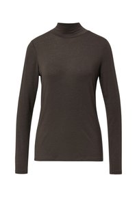Dunkelbrauner Langarm-Turtleneck aus geripptem Material, mit einer taillierten Passform und einem hohen Kragen für Wärme und Schutz.