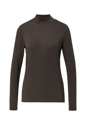 Maglietta a maniche lunghe color marrone scuro con collo alto realizzata in materiale a costine, caratterizzata da un design aderente e un collo alto per calore e copertura.