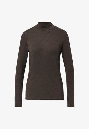 Dunkelbrauner Langarm-Turtleneck aus geripptem Material, mit einer taillierten Passform und einem hohen Kragen für Wärme und Schutz.