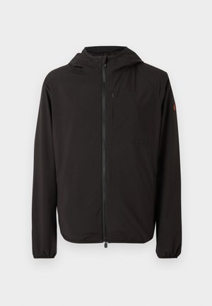 Veste noire légère à capuche avec fermeture éclair intégrale à l'avant, poche poitrine zippée, poignets élastiques et petit logo sur la manche gauche.