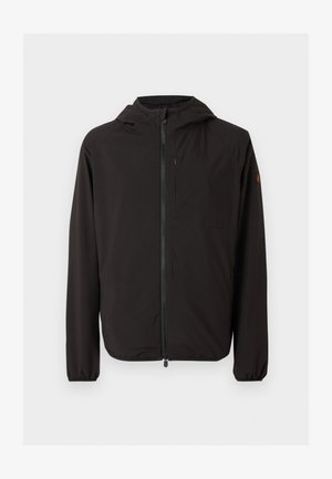 Chaqueta ligera negra con capucha, cremallera completa en la parte delantera, bolsillo con cremallera en el pecho, puños elásticos y pequeño logo en la manga izquierda.