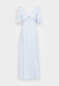 Maxi šaty z světle modré látky s květinovým vzorem, s nabíranými rukávy a hlubokým výstřihem do V s detaily na zavazování vpředu.