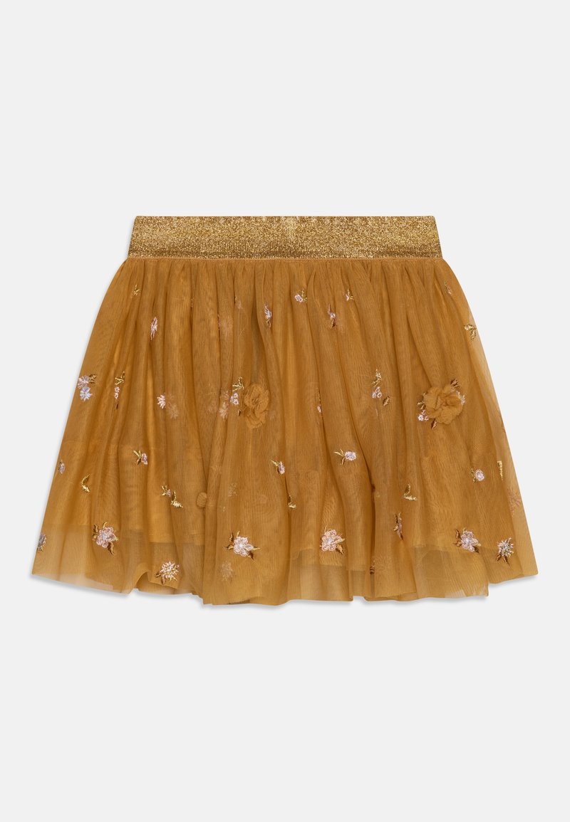 Jupe en tulle doré ornée de broderies florales en rose et jaune, avec une taille pailletée. Son design en couches crée un look volumineux.