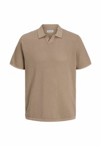 Polo en maille beige à manches courtes avec un motif texturé et un col, étiqueté "Jack & Jones" à l'intérieur du col.
